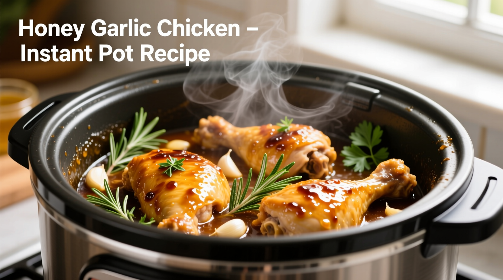 Golden honey garlic chicken in instant pot with fresh herbs