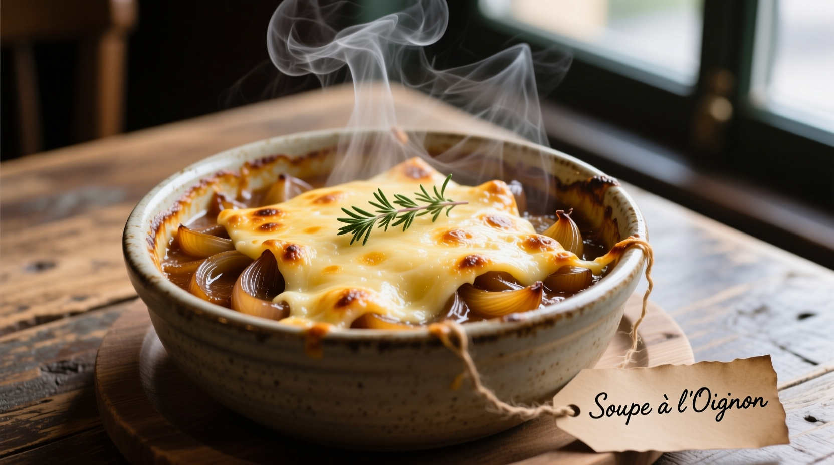 Steaming bowl of authentic French onion soup with melted Gruyère