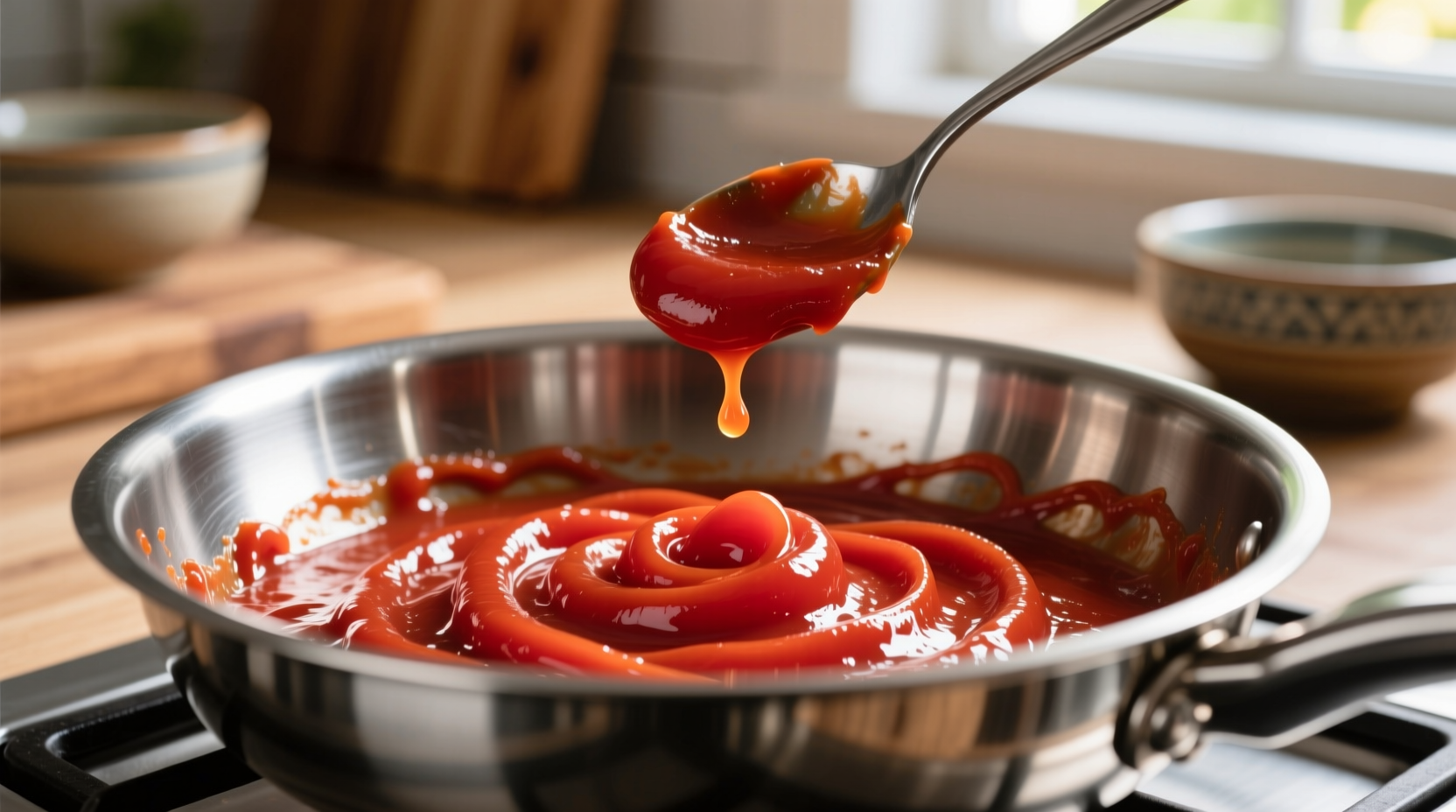 Cento tomato paste being stirred in stainless steel pan
