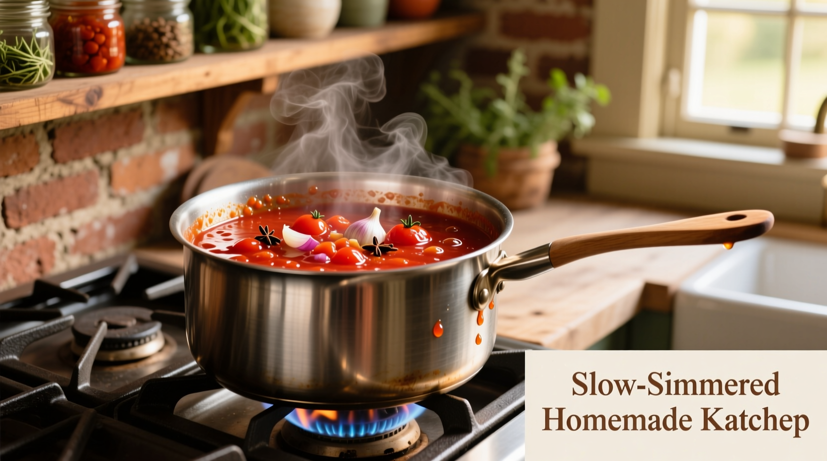 Homemade ketchup simmering in stainless steel pot