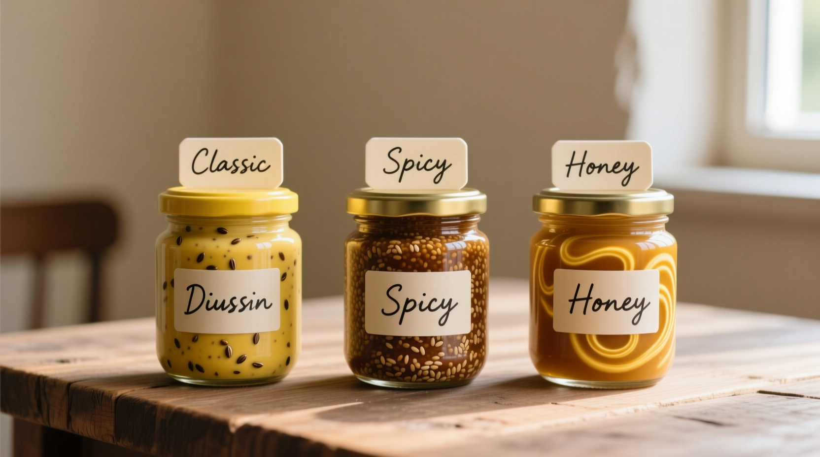 Three mustard jars showing different homemade variations