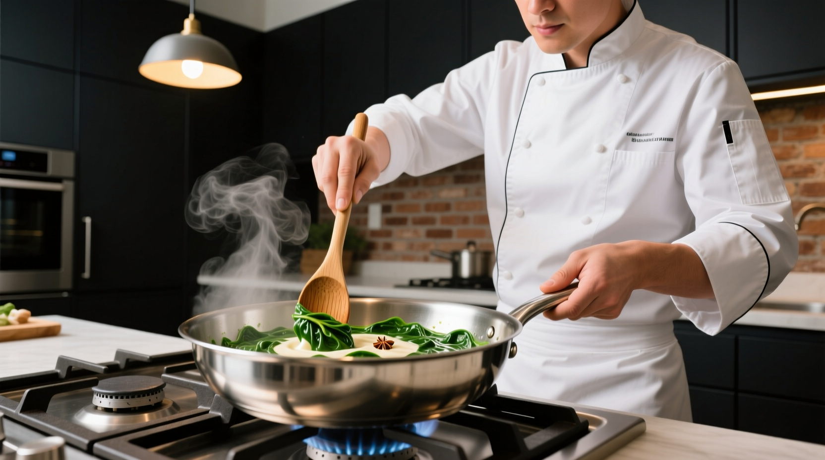 Professional chef stirring creamed spinach in stainless steel pan