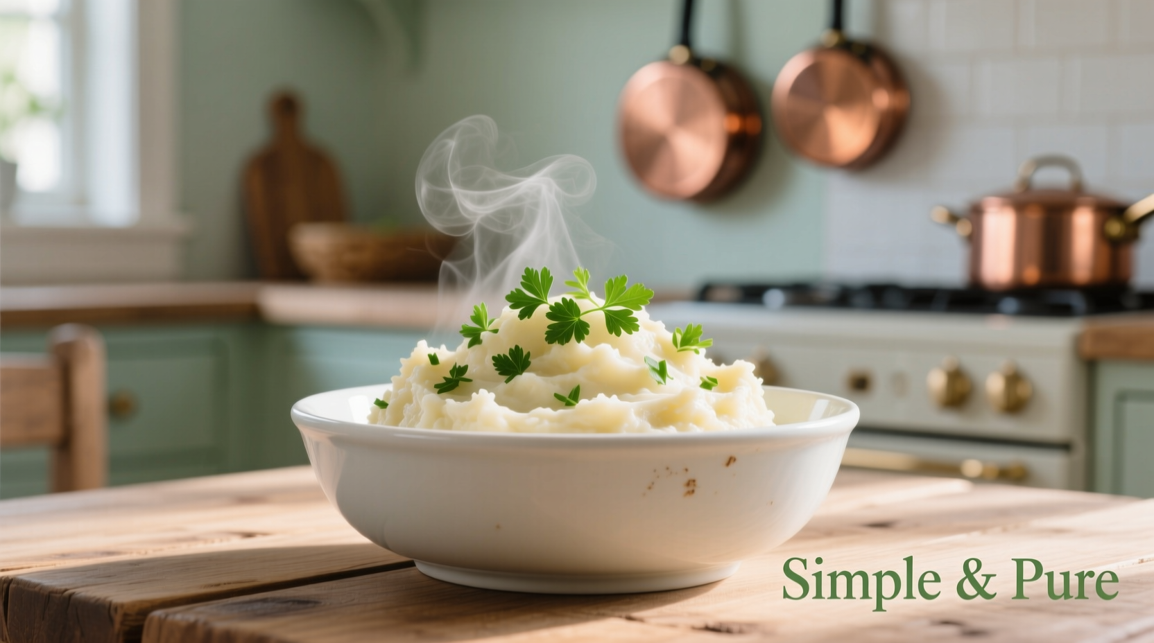Creamy mashed cauliflower in white bowl with fresh parsley
