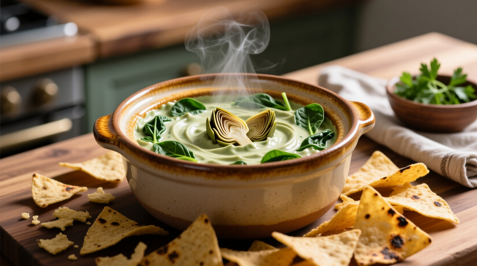 Creamy spinach artichoke dip in crockpot with tortilla chips