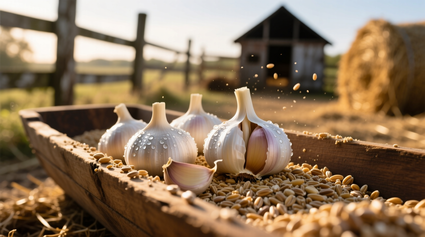 Fresh garlic cloves next to chicken feed