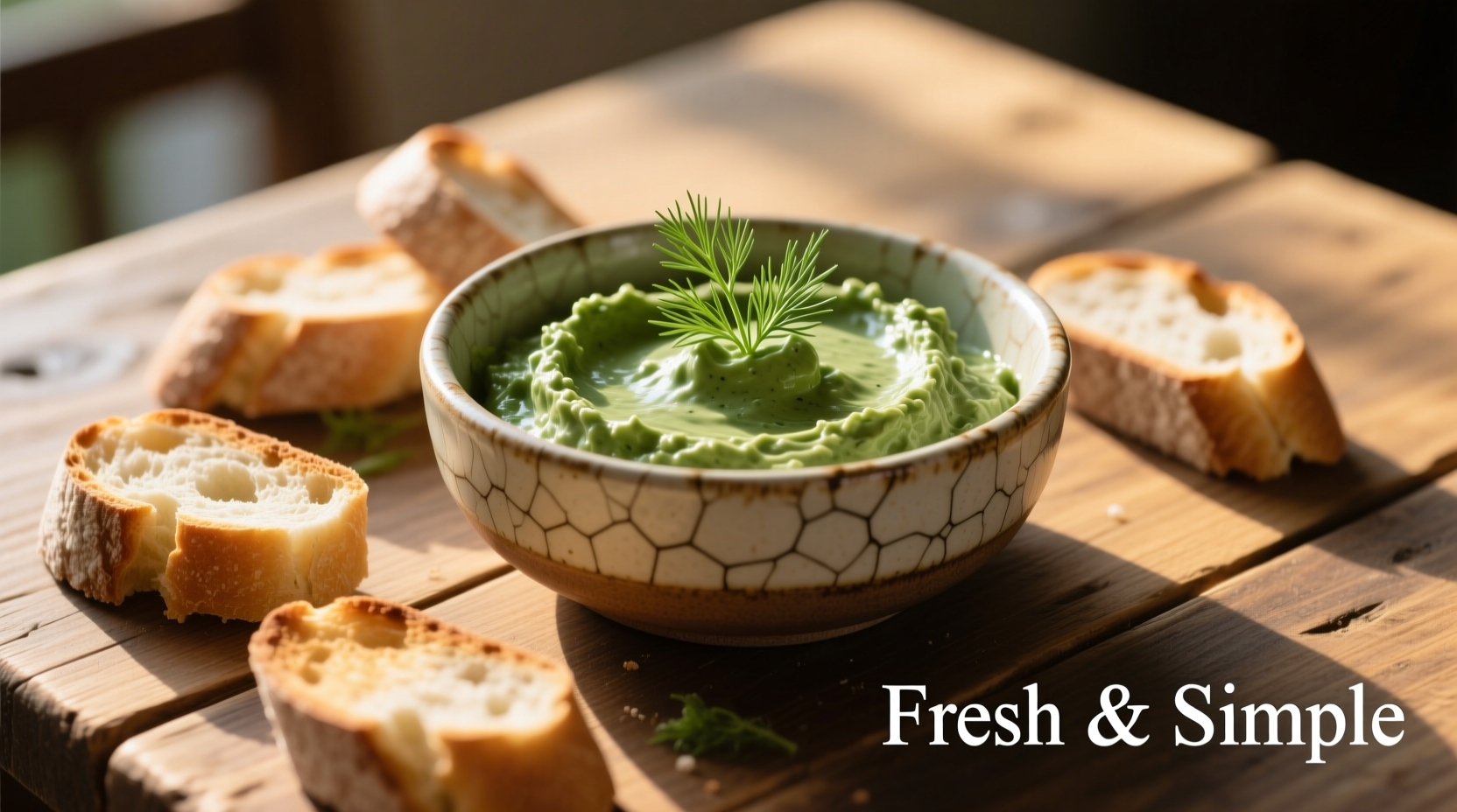 Creamy spinach dip in ceramic bowl with bread slices