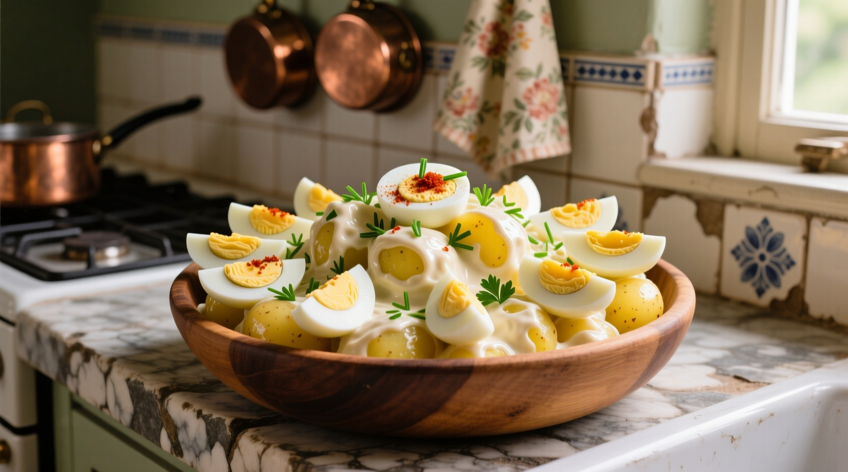 Creamy potato salad with sliced hard-boiled eggs