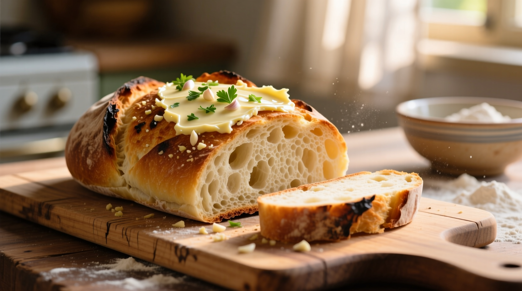 Freshly made Italian bread with garlic on wooden board