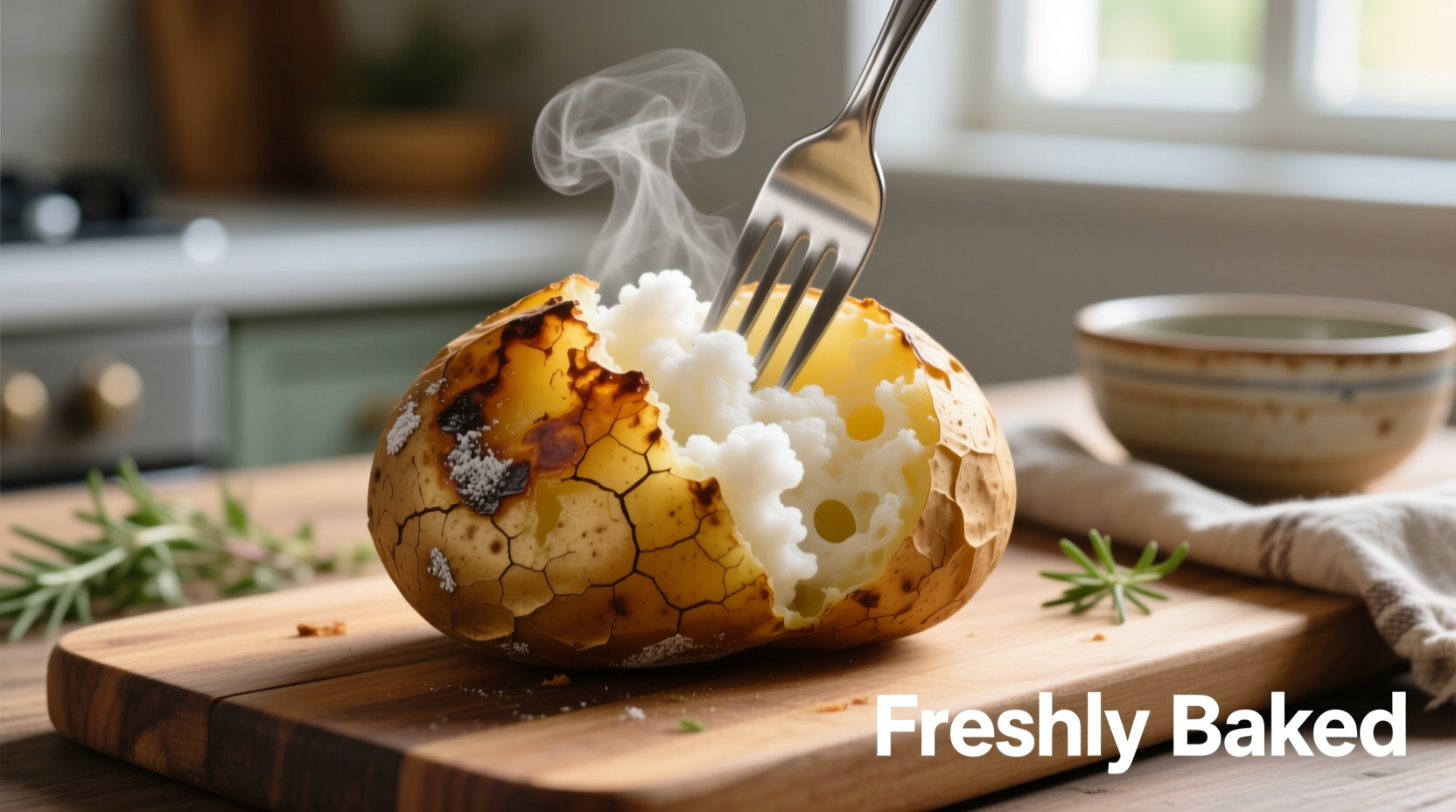Crispy baked potato with fork showing fluffy interior
