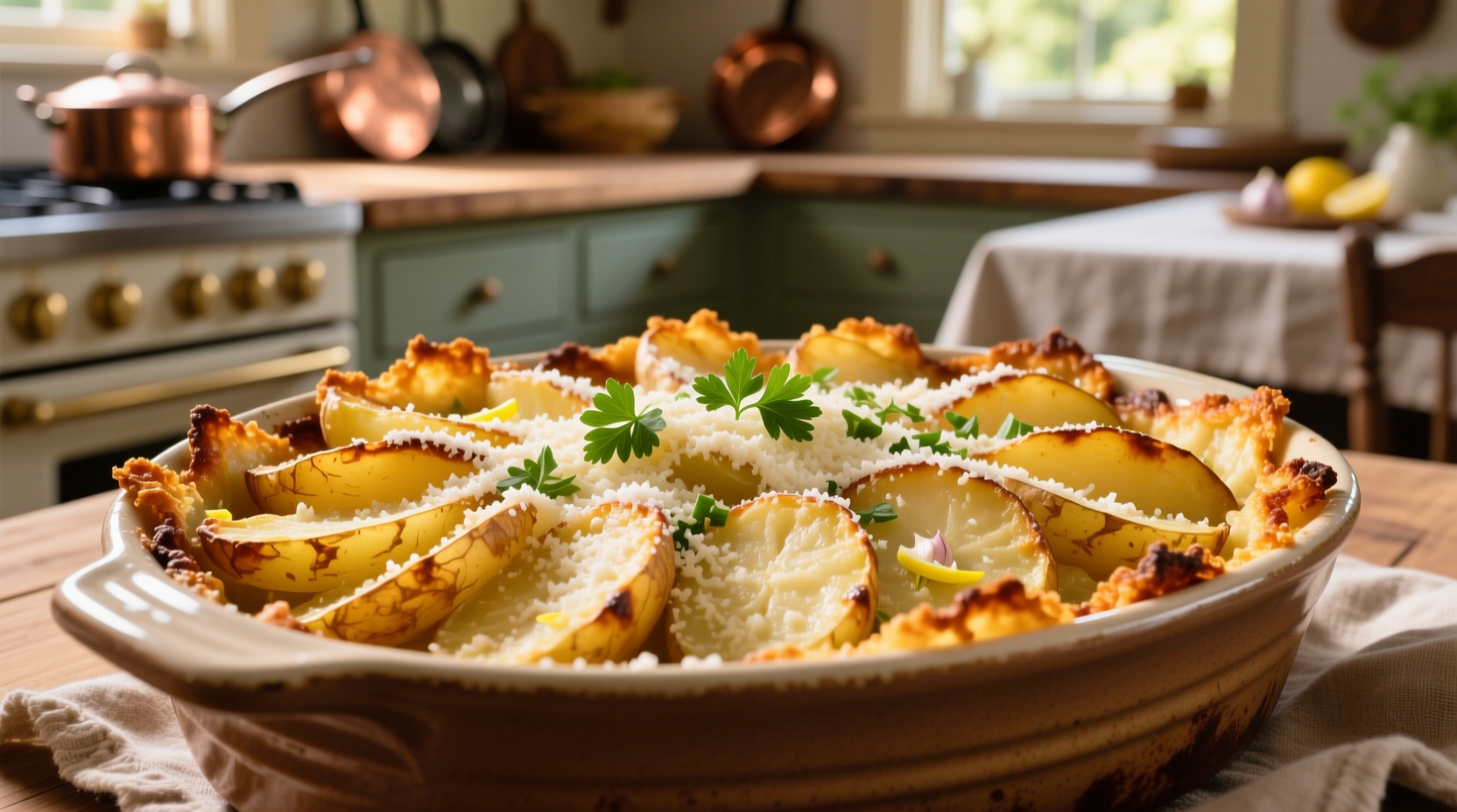 Golden-brown Caesar potato casserole with crispy edges