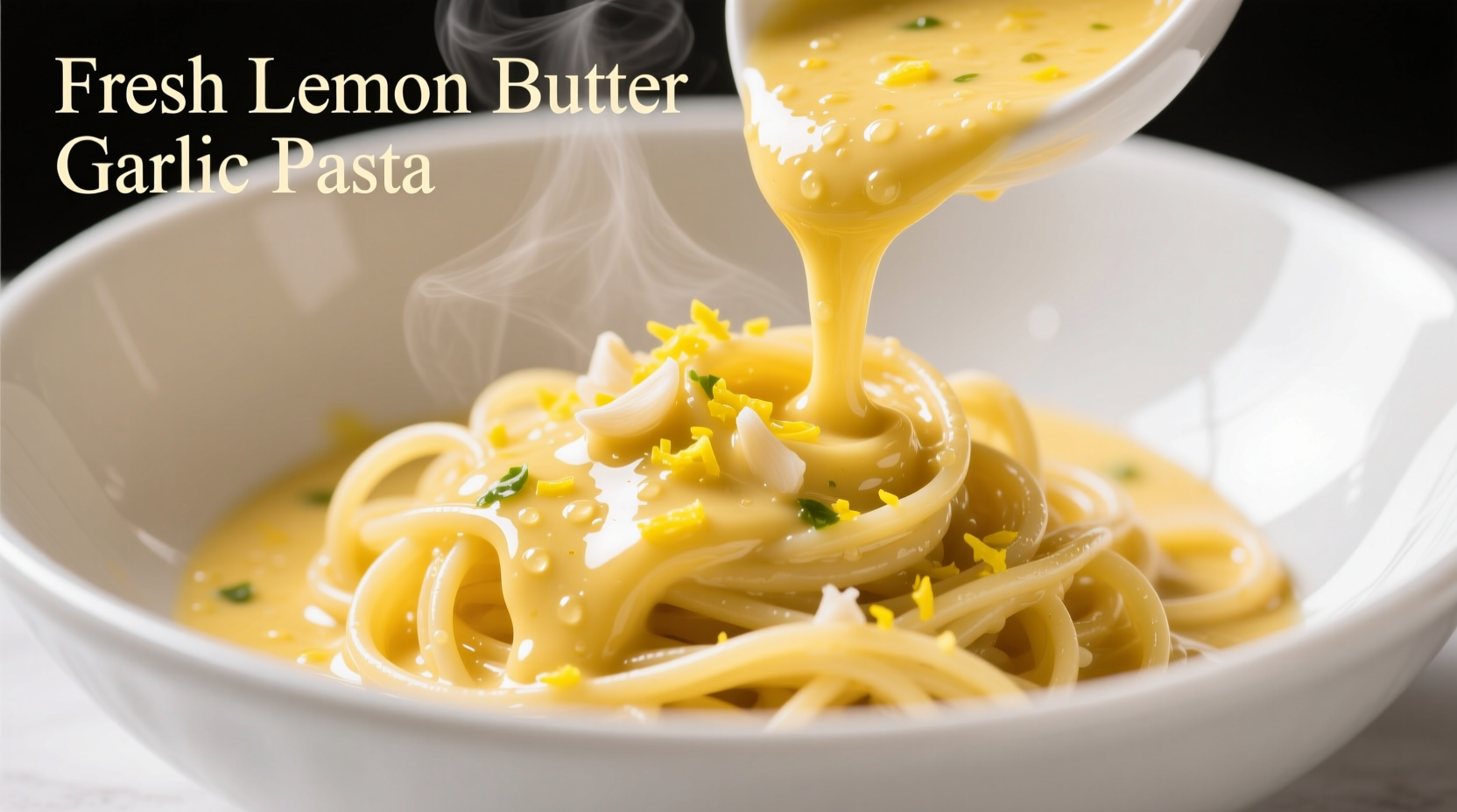 Fresh lemon butter garlic pasta sauce in white bowl