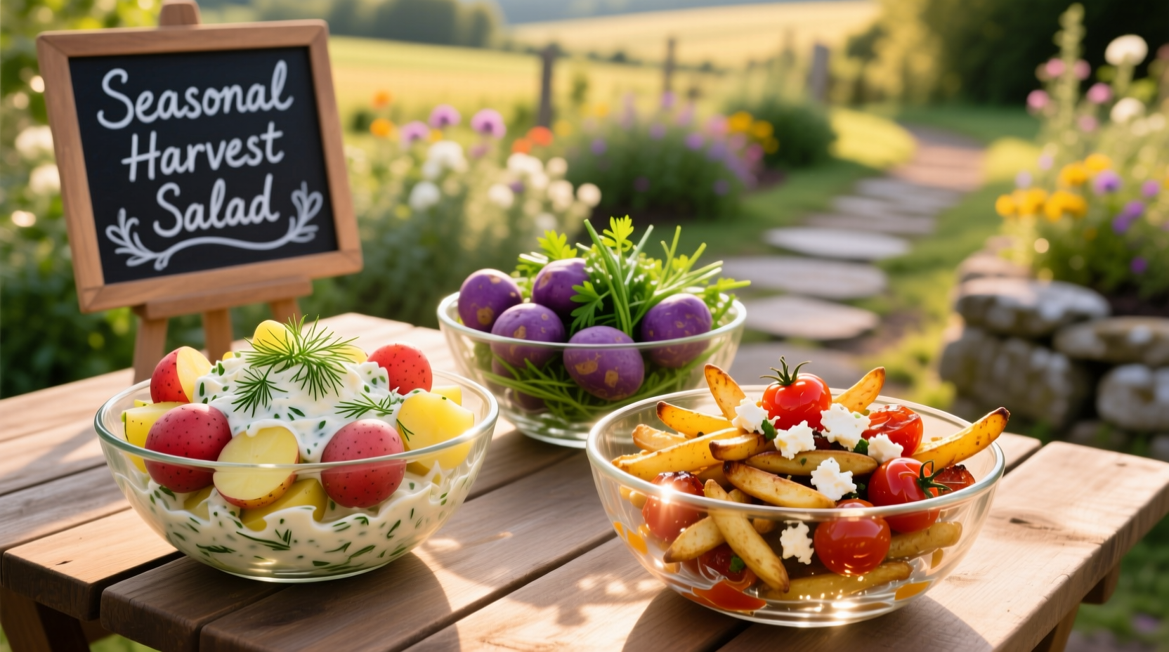 Colorful potato salad varieties in glass bowls