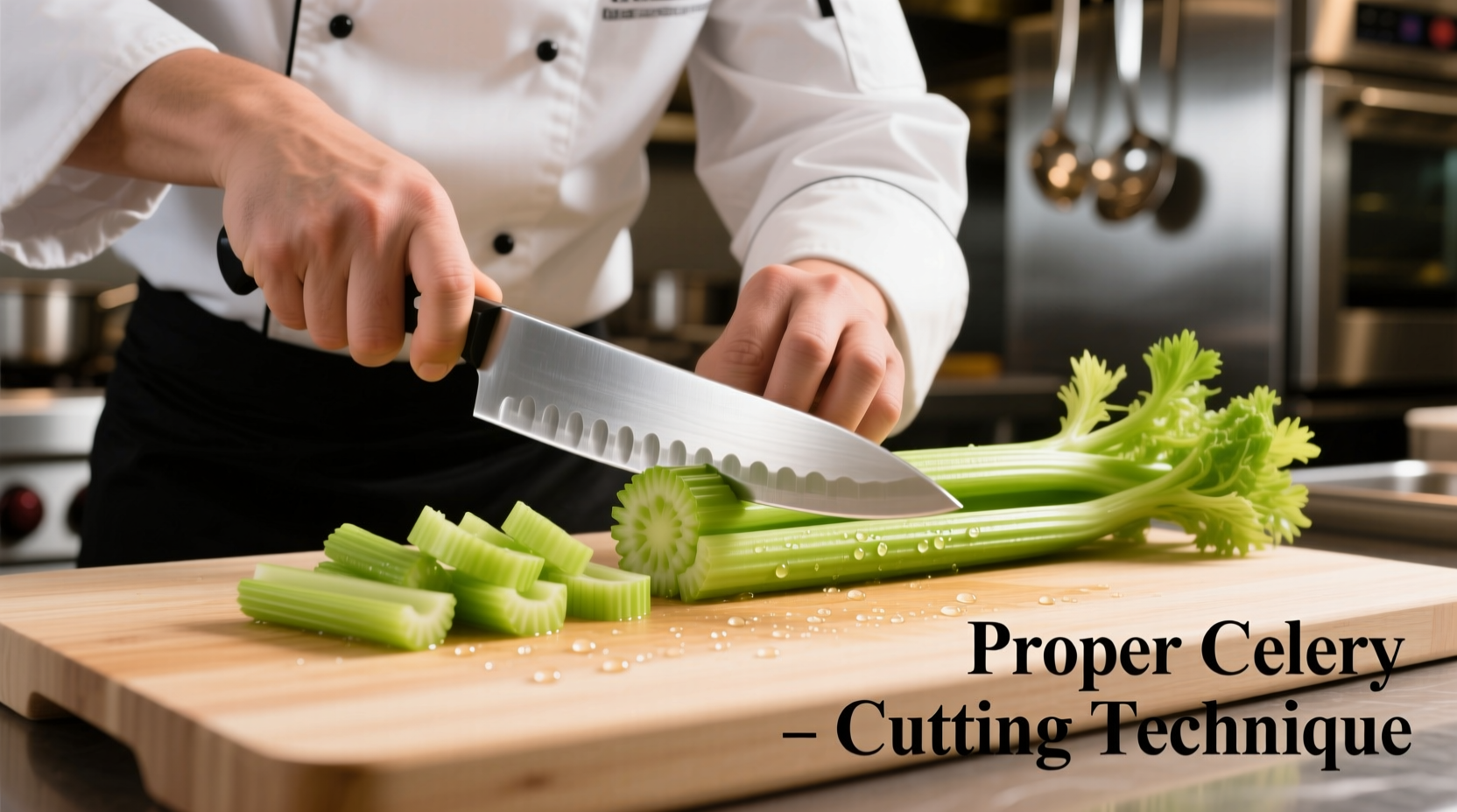 Chef demonstrating proper celery cutting technique with sharp knife