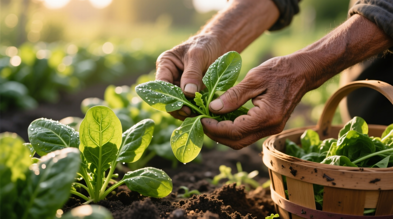 Hands harvesting fresh spinach leaves in garden
