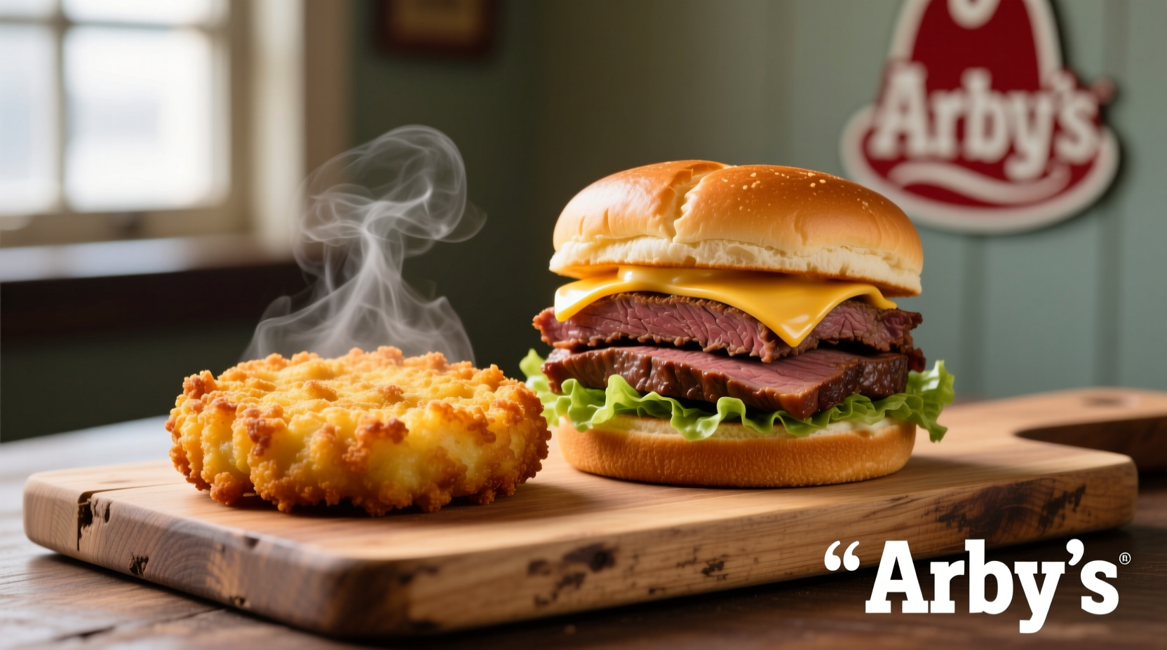 Arby's potato cakes next to roast beef sandwich