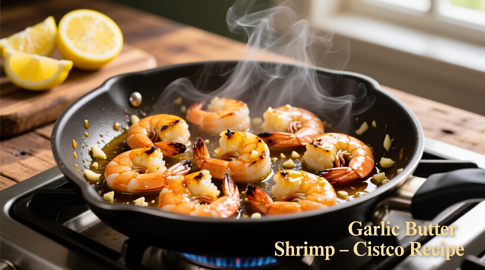 Costco garlic butter shrimp cooking in skillet with lemon garnish