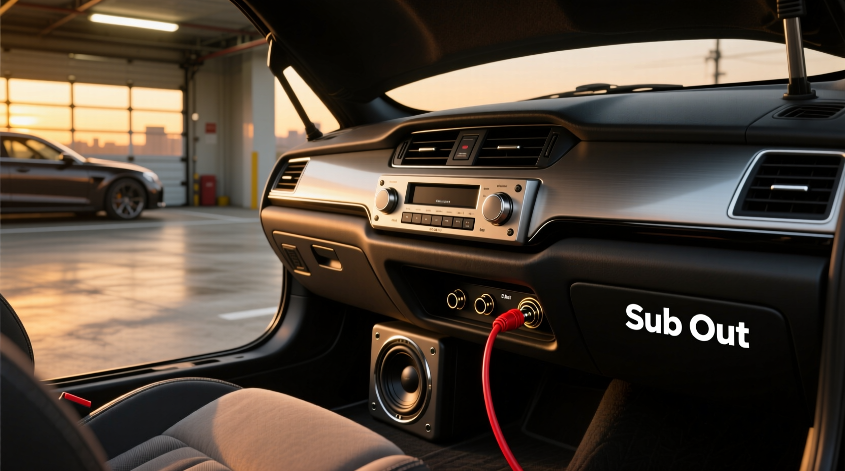 Close-up of RCA cables connected from car stereo to amplifier, highlighting subwoofer output path