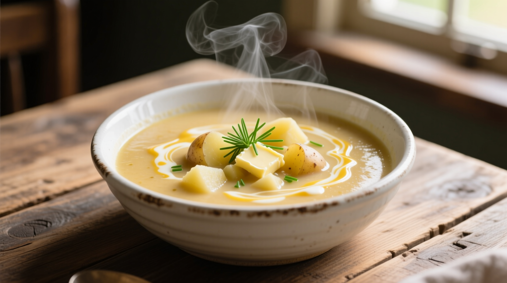 Creamy crock pot potato soup in white bowl