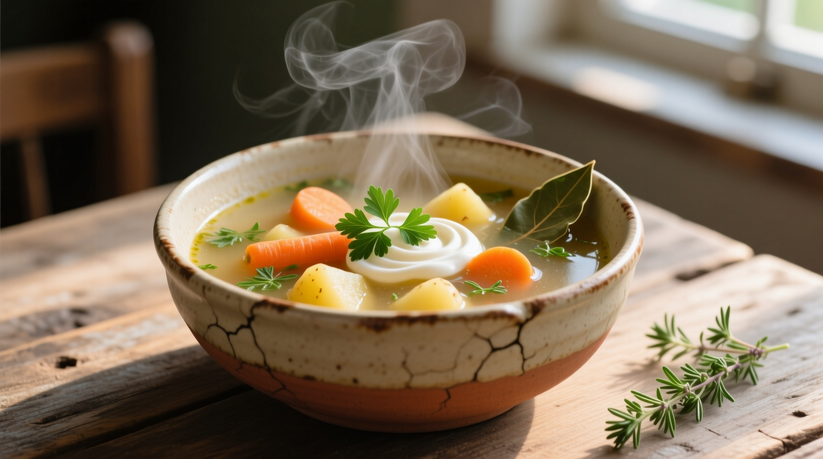 Homemade brothy potato soup with carrots and herbs in ceramic bowl