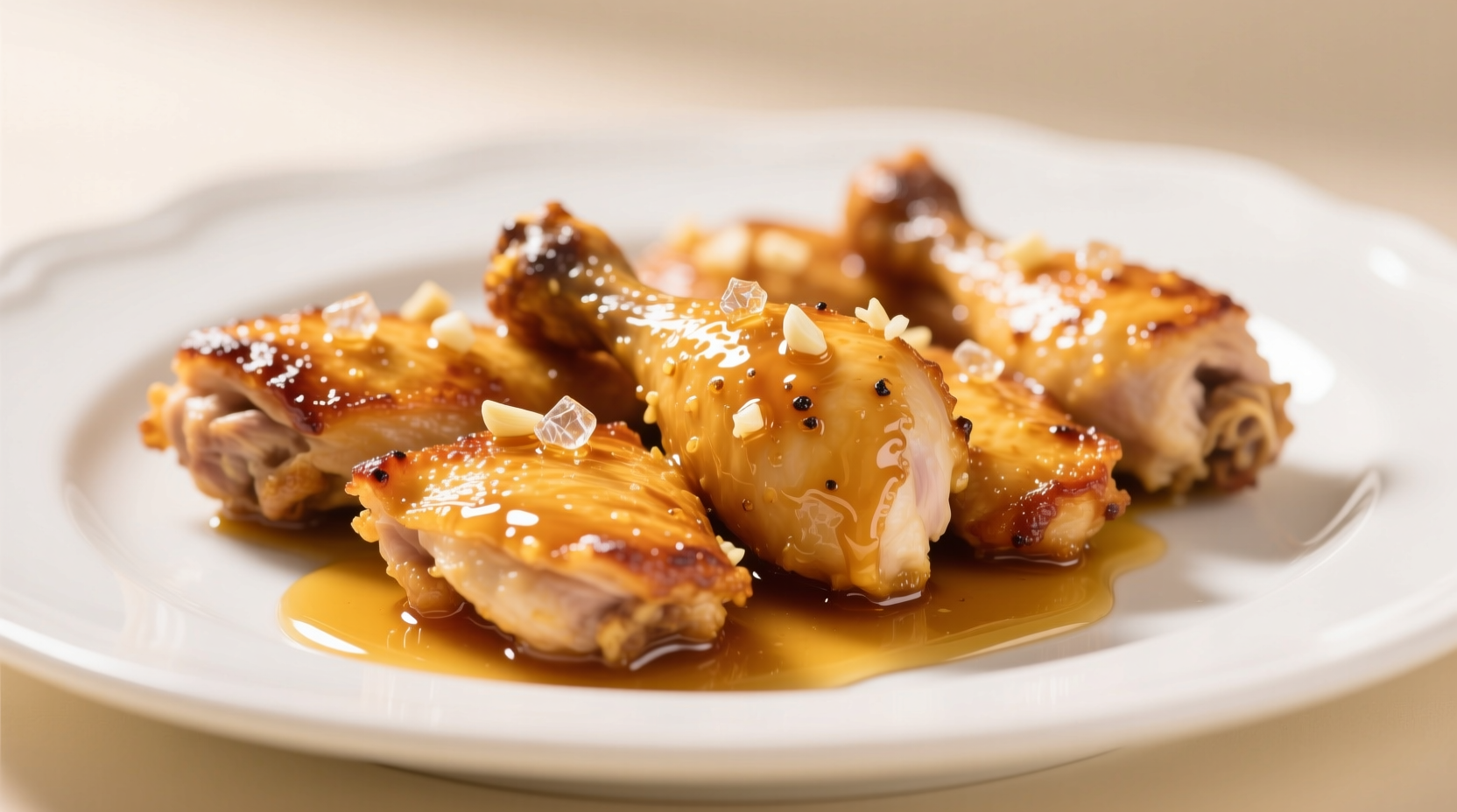 Golden garlic honey chicken with crispy skin on white plate