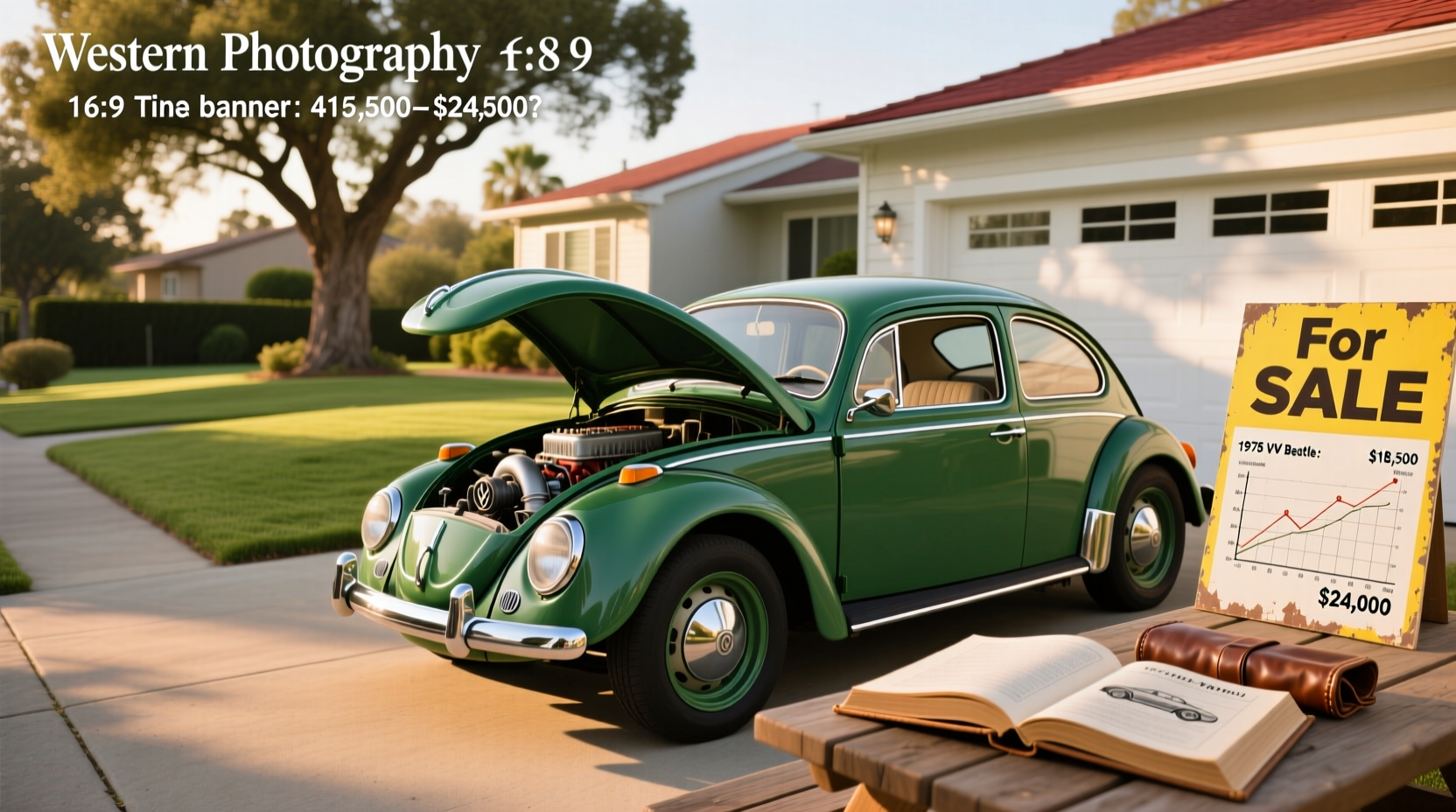 Side view of a restored 1972 Volkswagen Beetle in metallic green