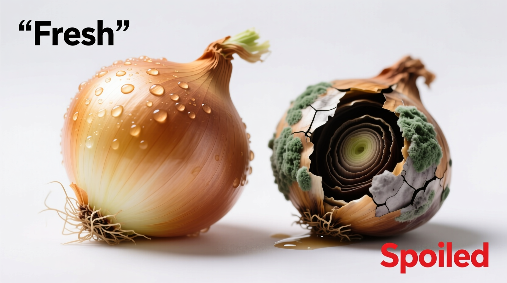 Close-up comparison of fresh and spoiled onions side by side