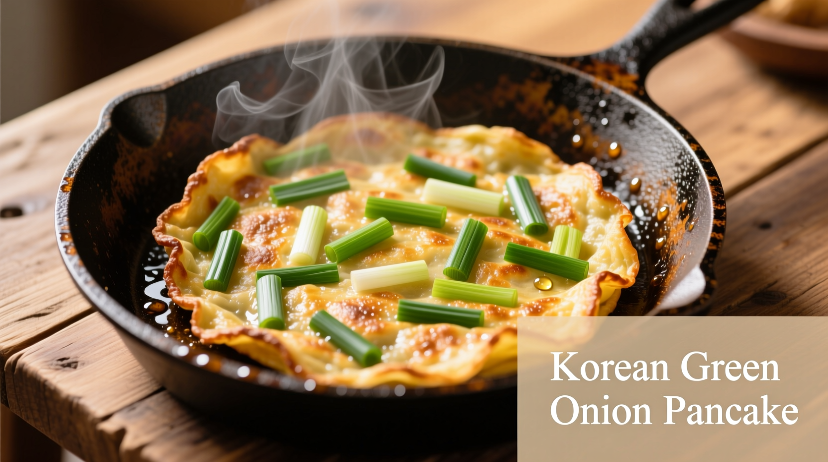 Golden Korean green onion pancake sizzling in cast iron skillet