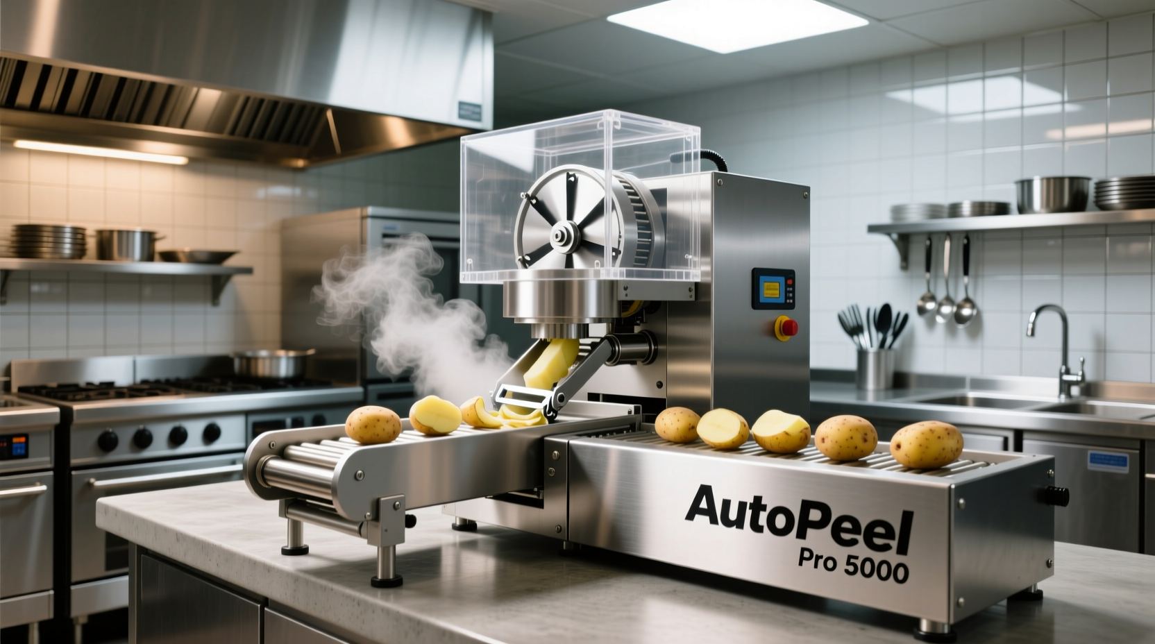 Professional potato peeler machine in commercial kitchen