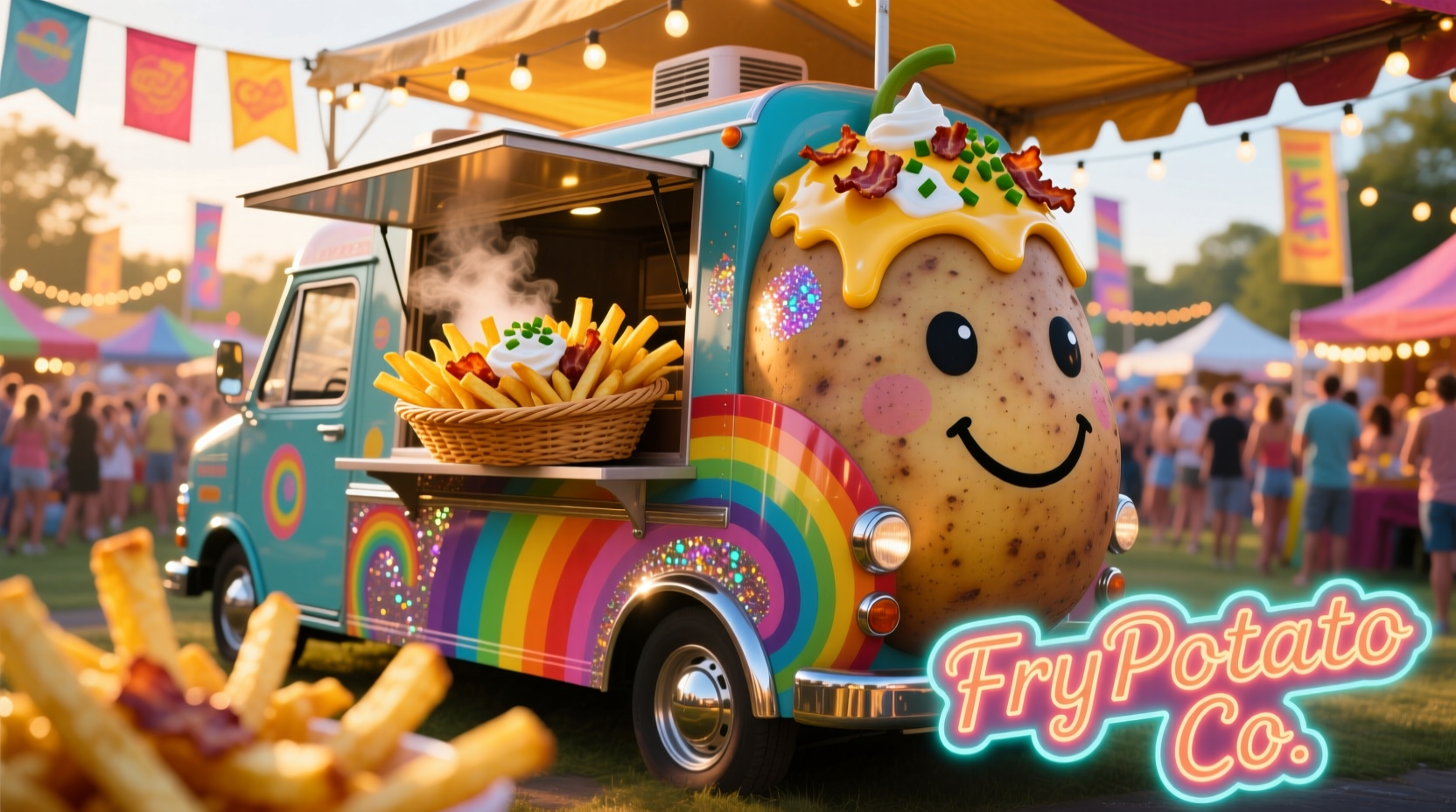 Colorful potato van serving loaded fries at street festival