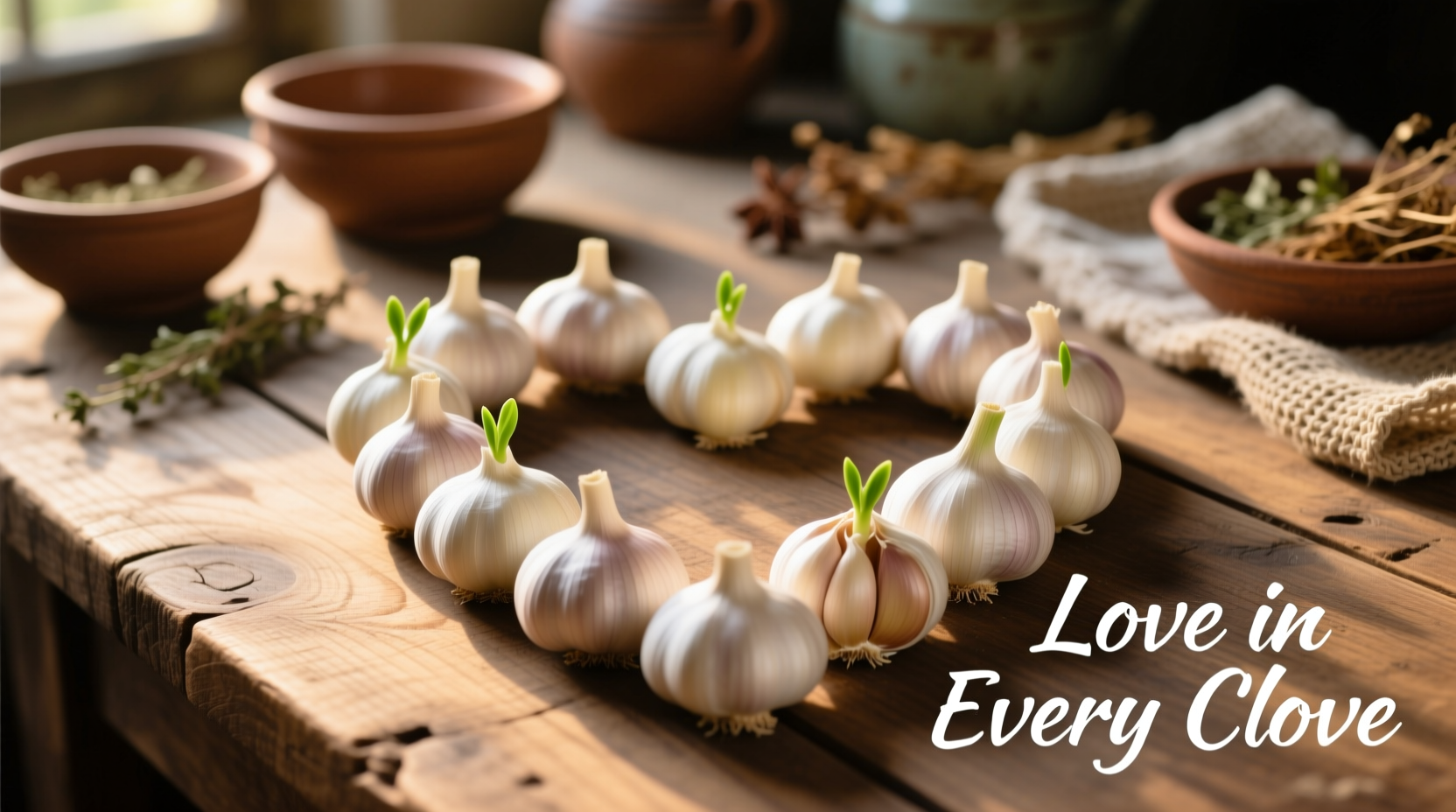 Fresh garlic cloves with heart-shaped arrangement