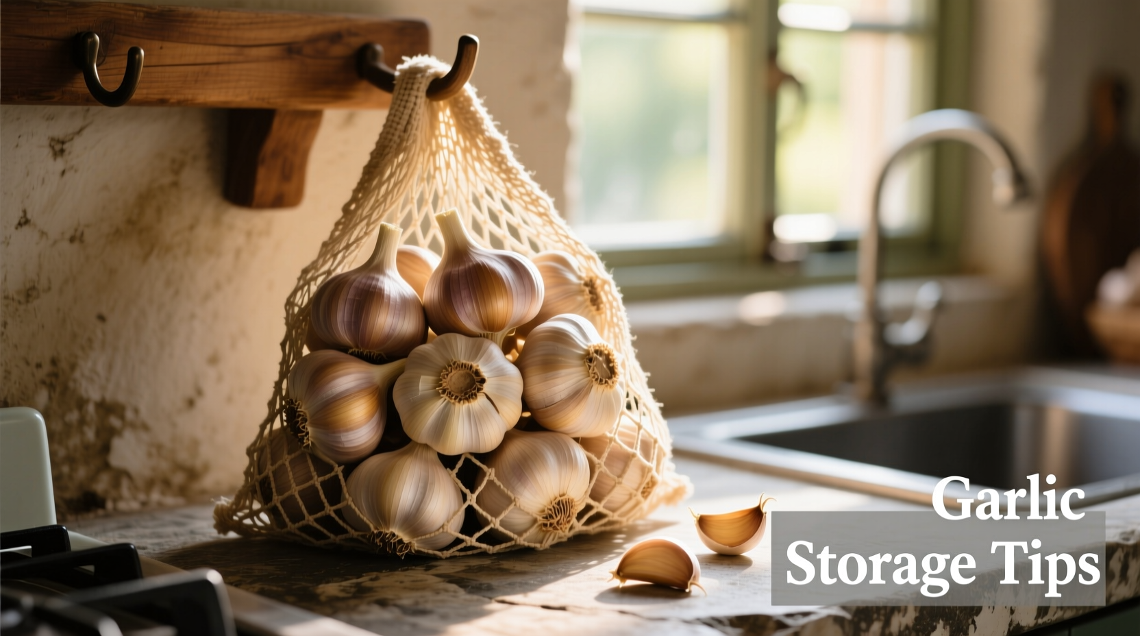 Garlic bulbs stored in mesh bag with proper ventilation