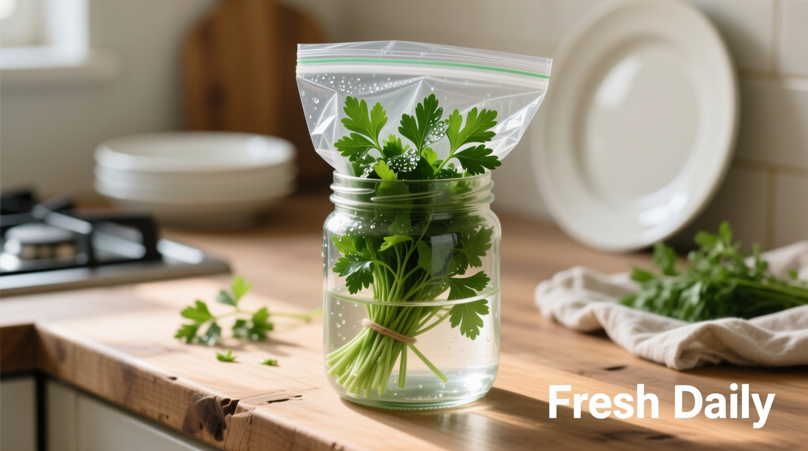 Parsley stored in glass with water and plastic bag cover