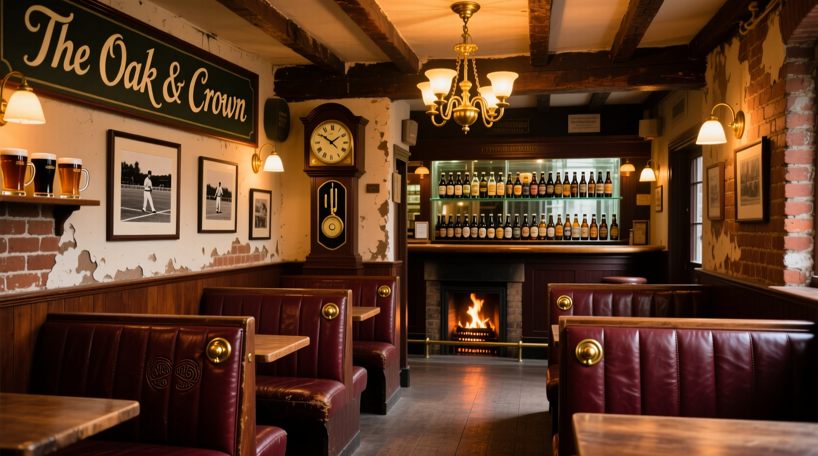 Traditional British pub interior with wooden booths and vintage decor