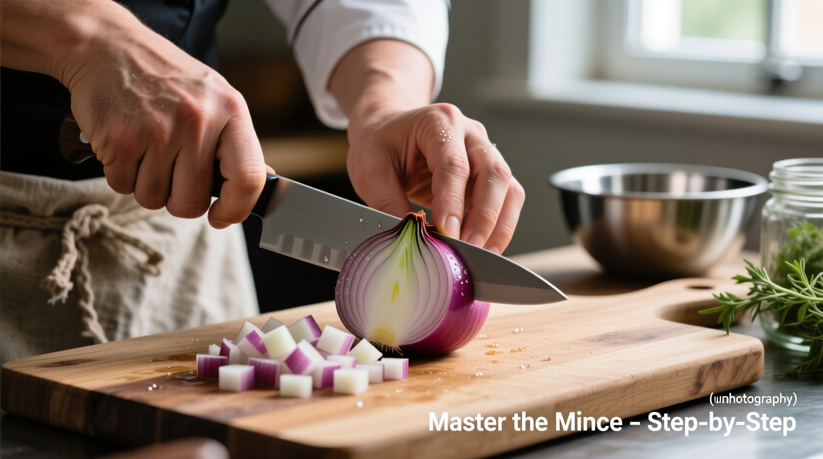 Chef's hands demonstrating proper onion dicing technique