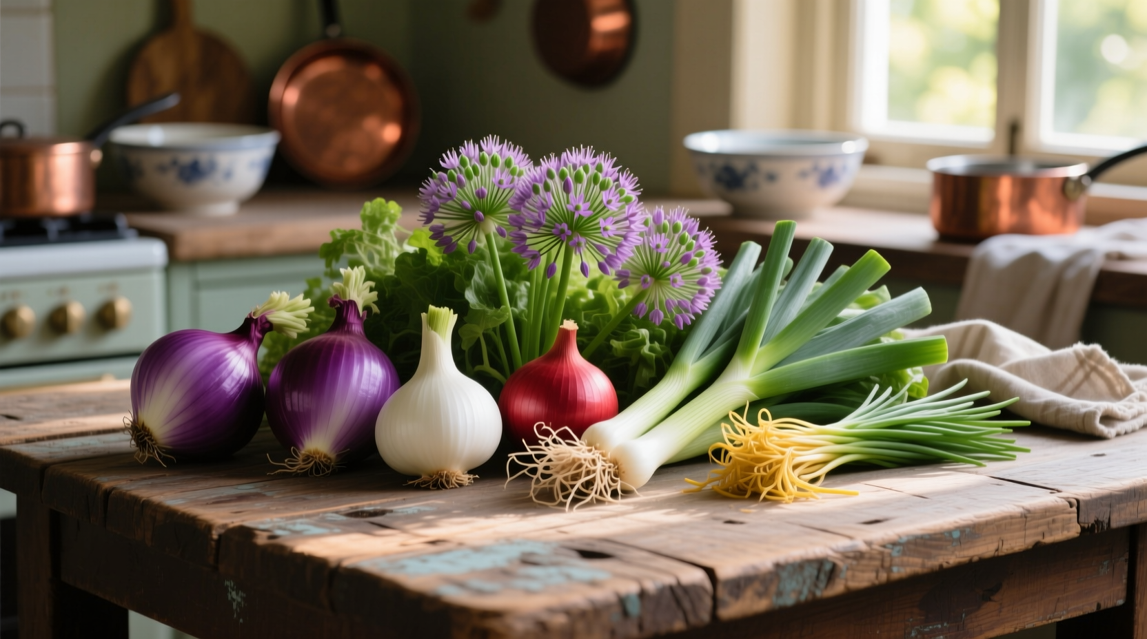 Variety of allium vegetables on wooden table