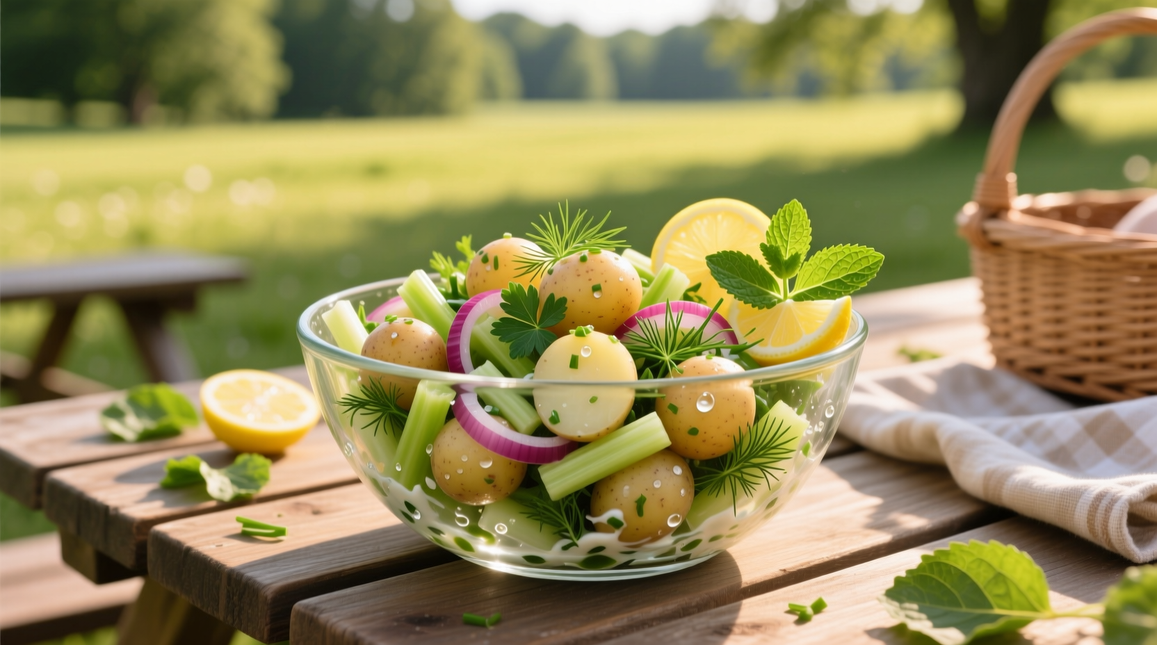 Fresh picnic potato salad in glass bowl with herbs