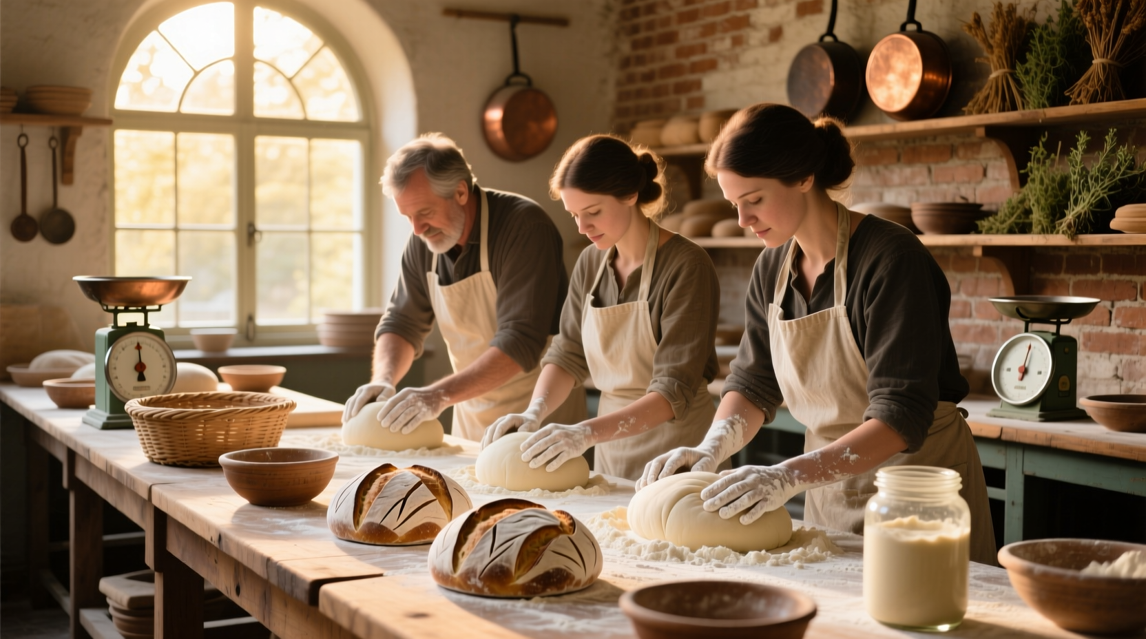 Artisan bakers hand-shaping sourdough loaves in a sunlit bakery