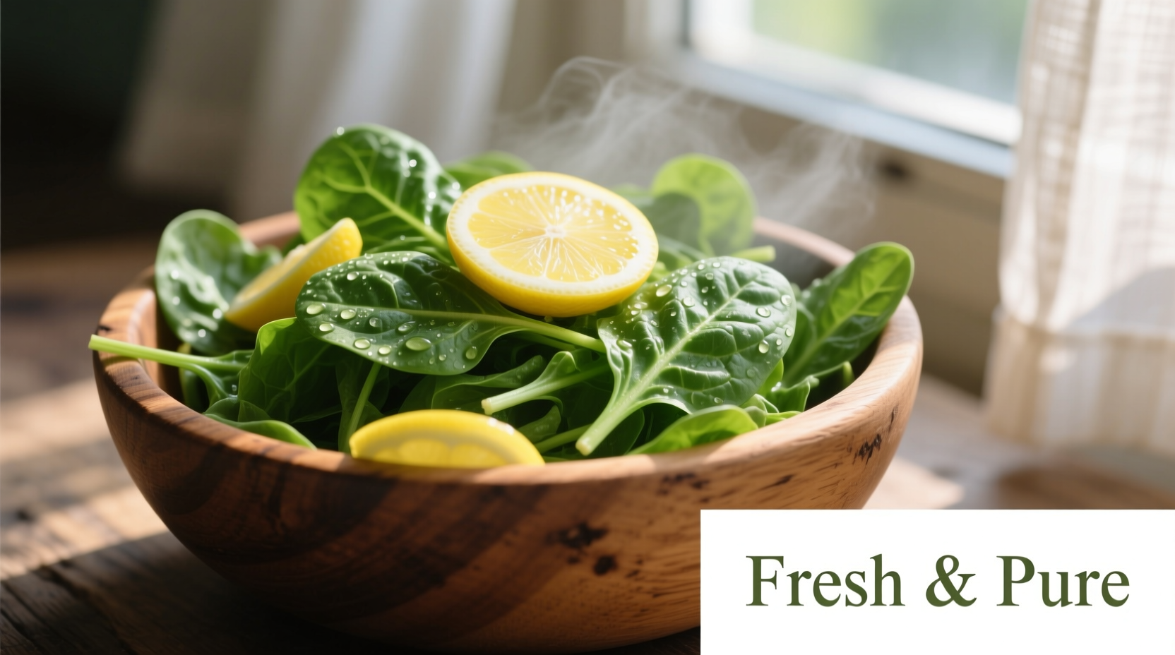 Fresh baby spinach in wooden bowl with lemon
