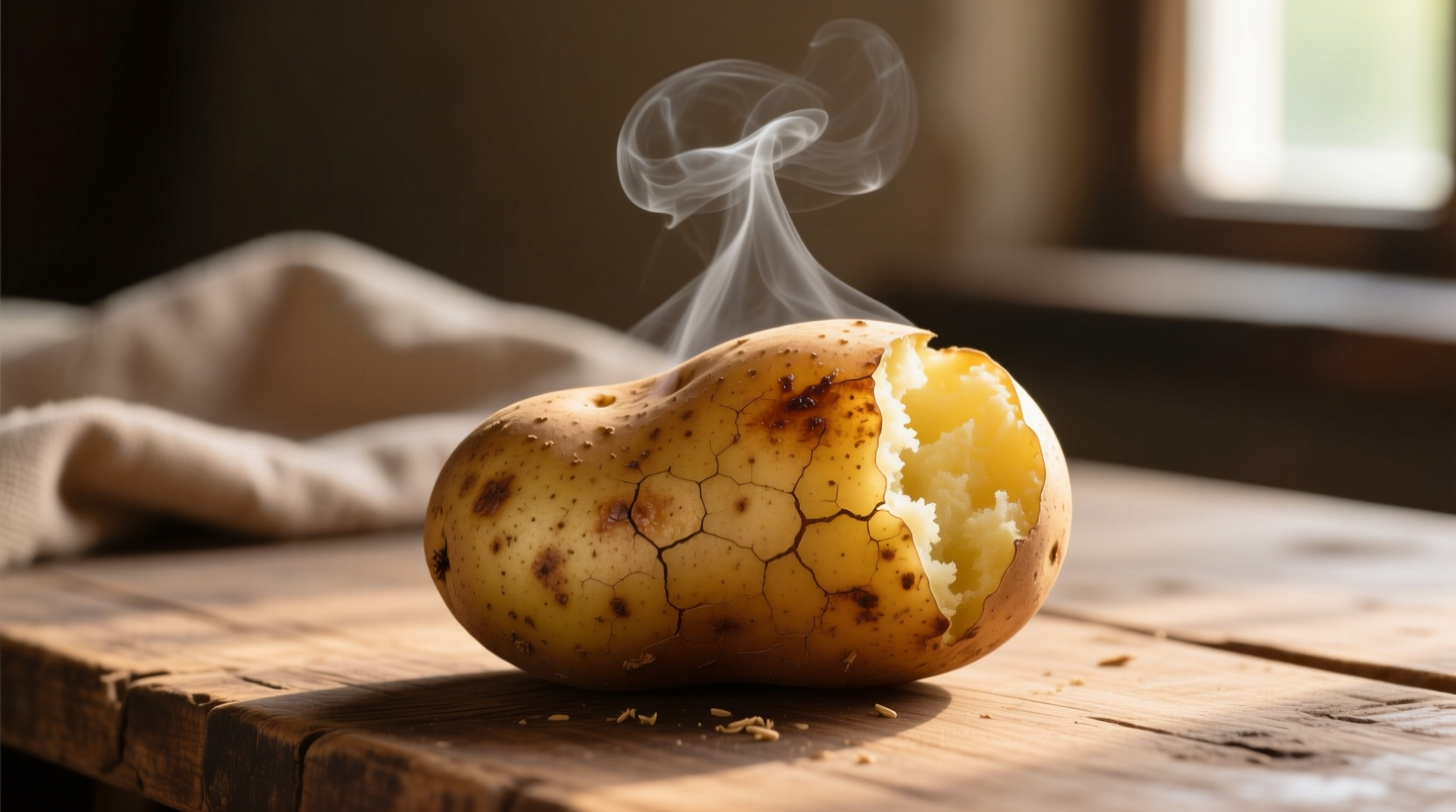 Perfectly baked potato with steam rising