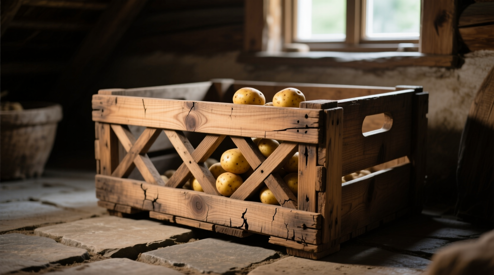 Wooden potato storage box with ventilation slots