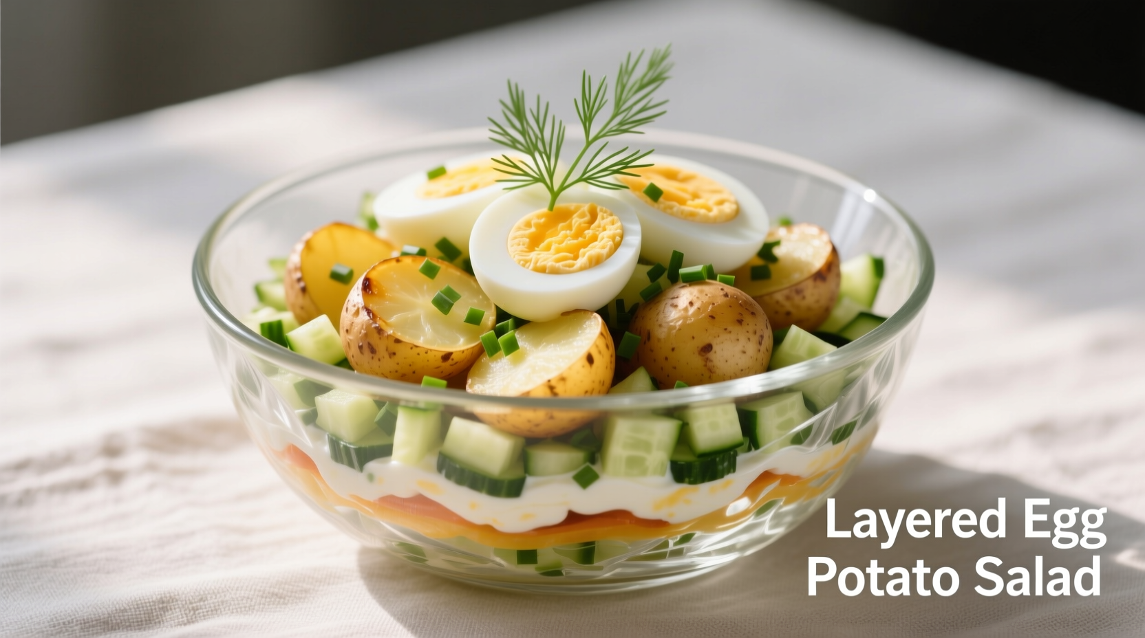 Perfectly layered egg potato salad in glass bowl