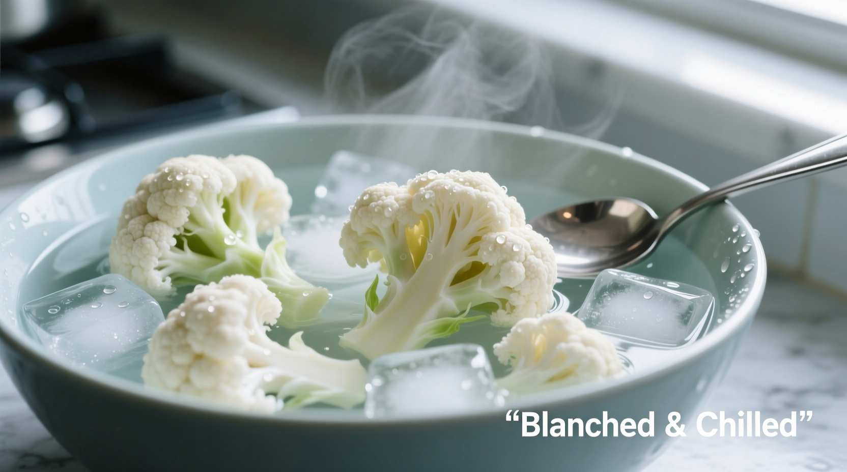 Cauliflower florets in ice bath after blanching