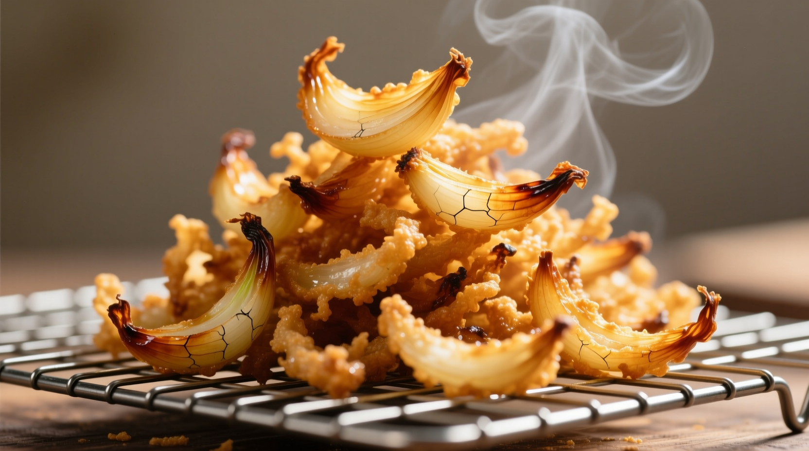 Golden crispy fried onions on wire rack