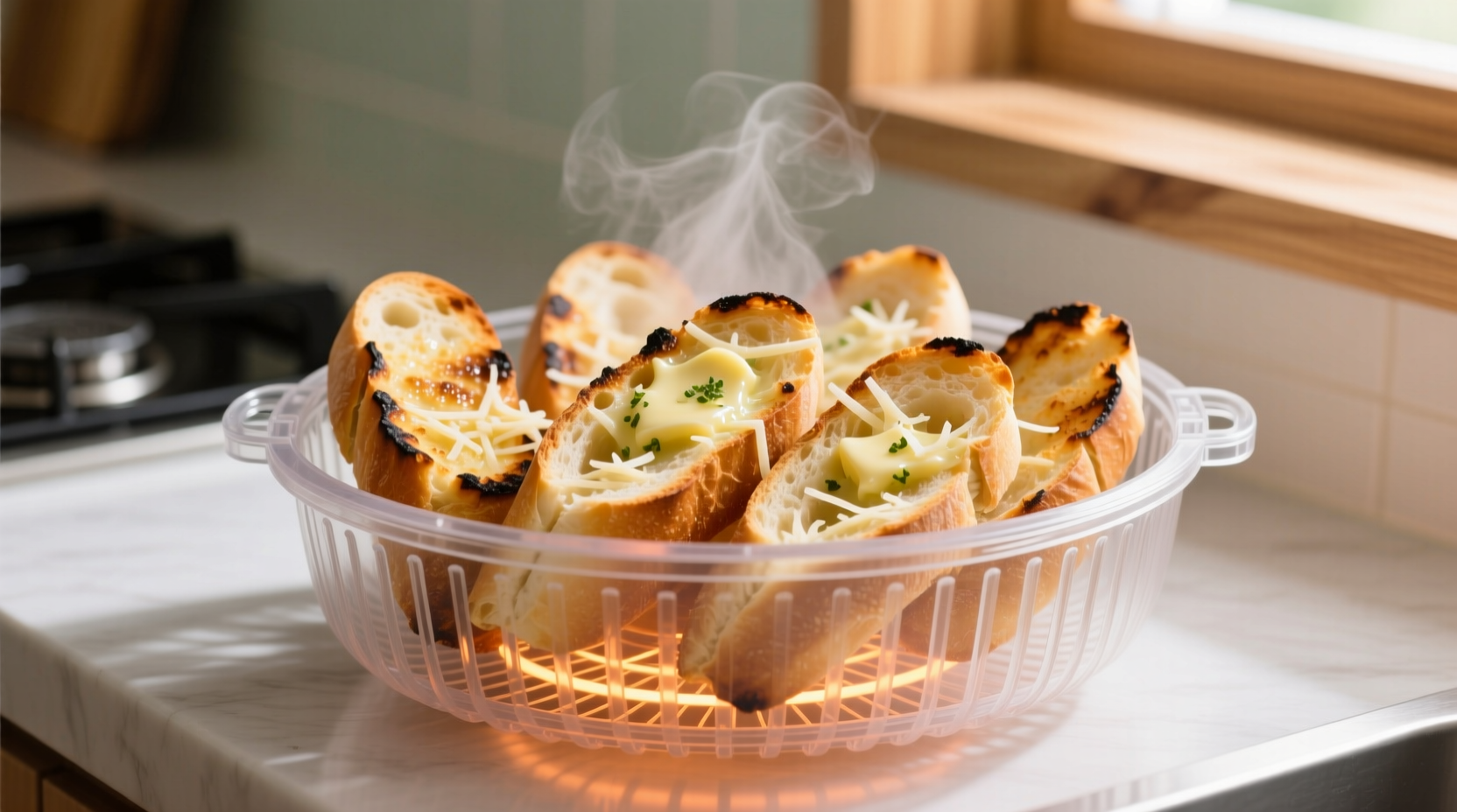 Perfectly cooked garlic bread in air fryer basket