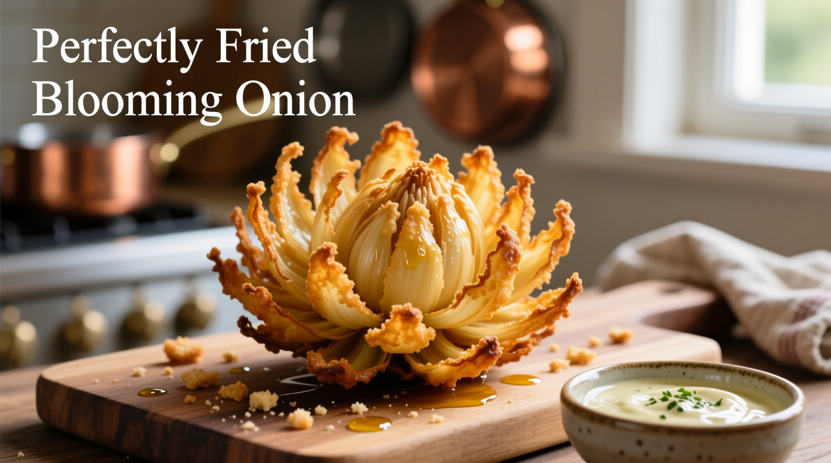 Perfectly fried blooming onion with dipping sauce