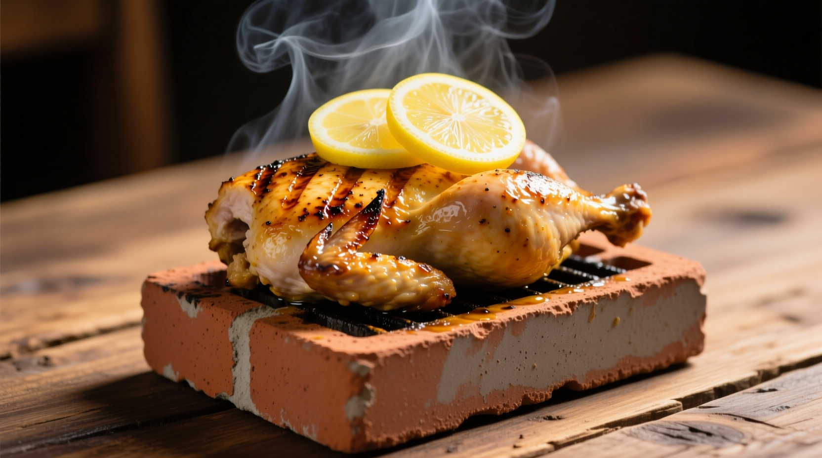 grilling chicken under a brick with lemon gar