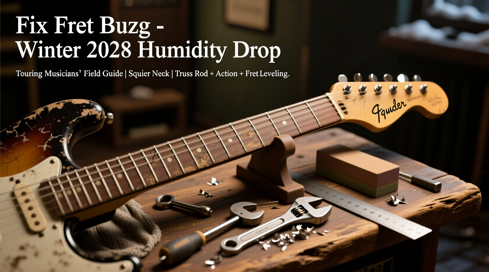 How to fix fret buzz on a used Squier neck after humidity drop in winter 2026 — truss rod, action, and fret leveling guide for touring musicians
