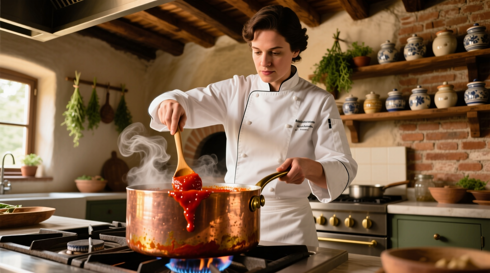 Chef stirring tomato paste sauce in copper pot