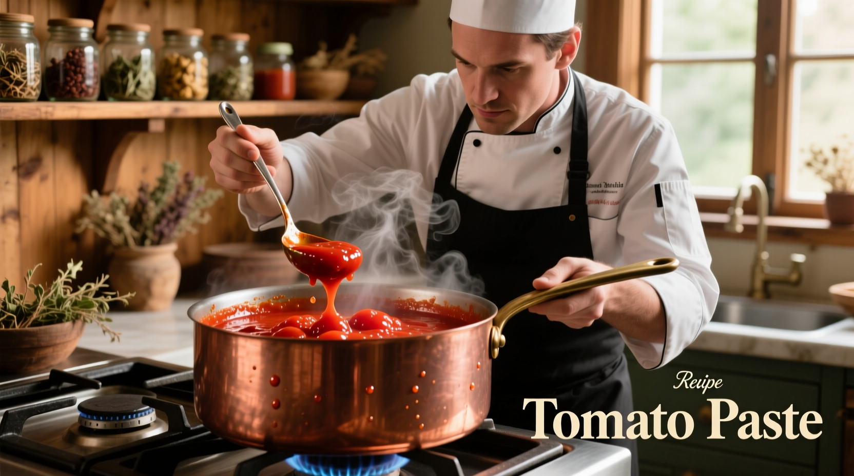Chef reducing tomato sauce to make paste substitute