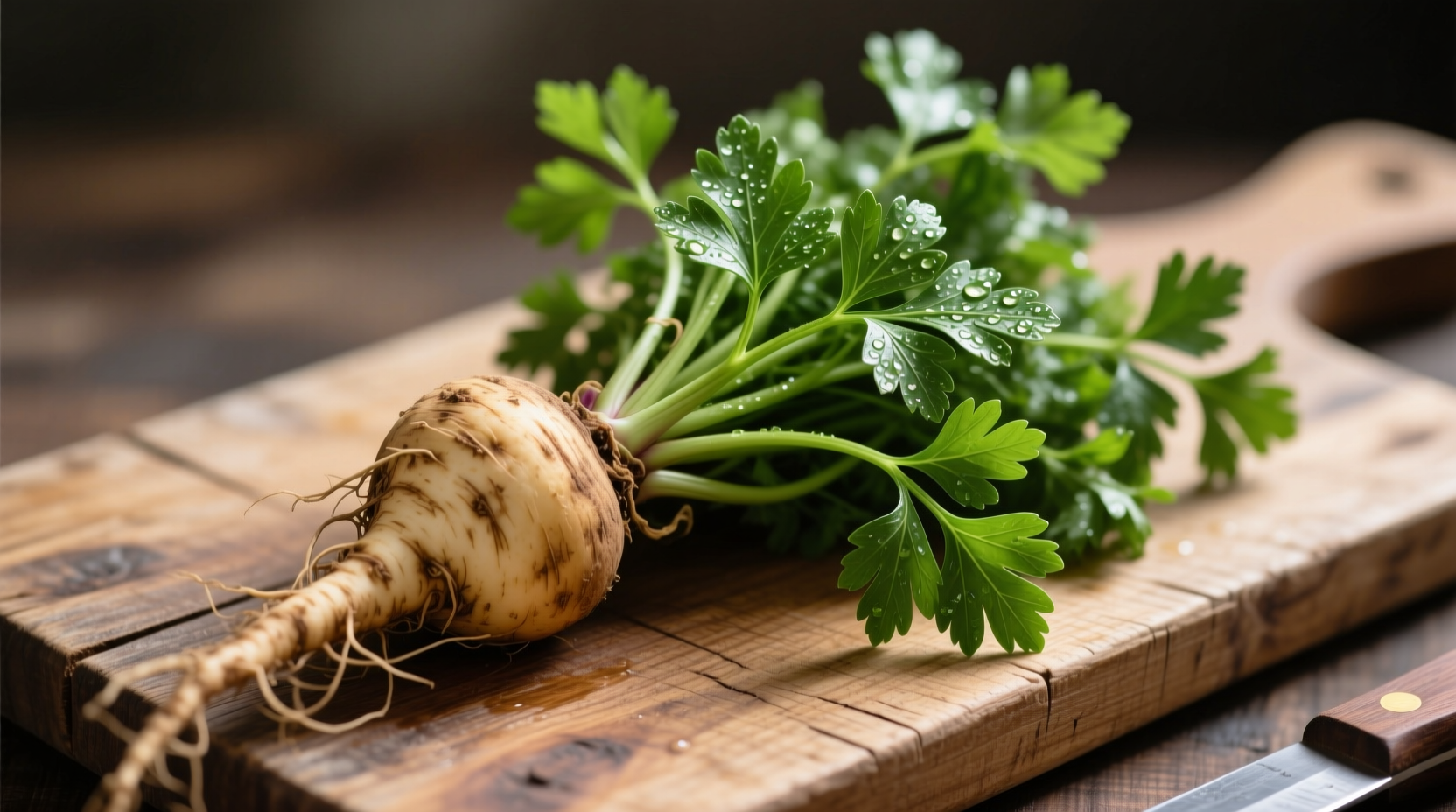Fresh parsley root with leafy greens on wooden cutting board